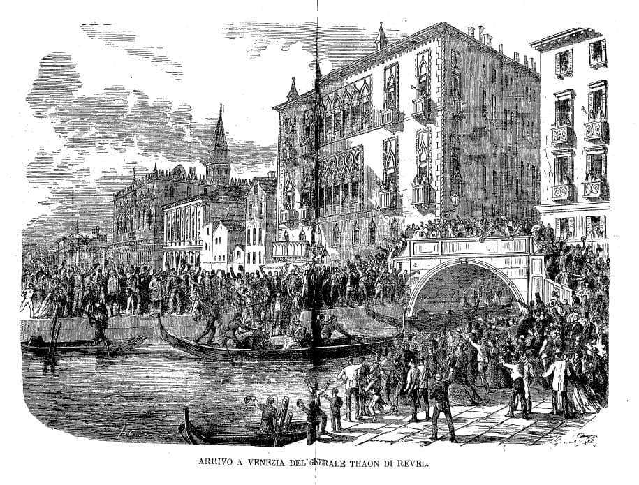 Arrivée du Général à Venise après la troisième guerre d'indépendance italienne · gravure parue dans l'Emporio Pittoresco, 1866